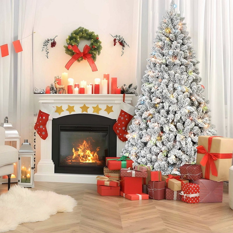 Arbre de Noël enneigé 7 pi avec 500 lumières UL colorées et 45 pommes de pin naturelles - 1124 pointes en PVC enneigées, branches articulées, support en métal stable, installation facile