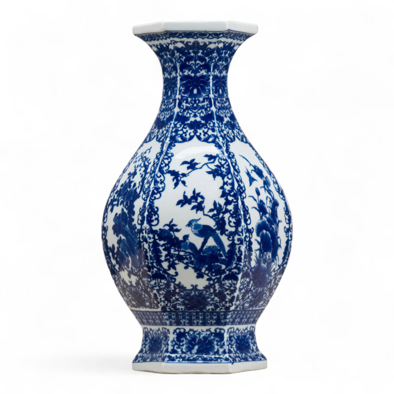 Hexagonal Porcelain Vase with Floral and Bird Motif Blue and White
