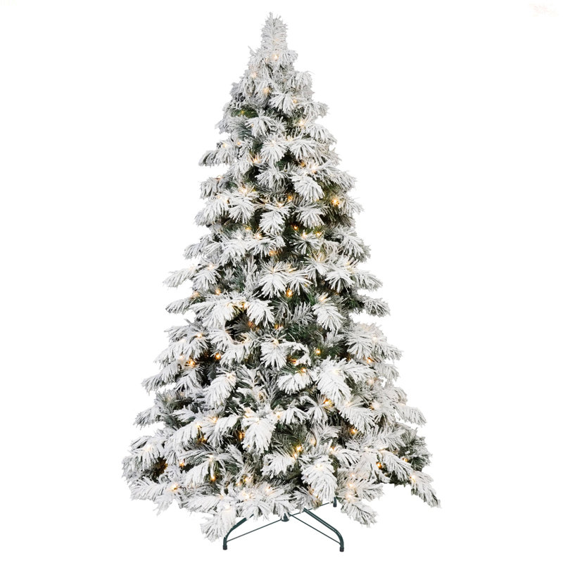 Arbre de Noël en forme d'épouvantail enneigé 8 pi avec 470 lumières à DEL blanc chaud, 1242 pointes de mémoire en PVC, poteau électrique et structure à charnières - arbre de Noël réaliste enneigé