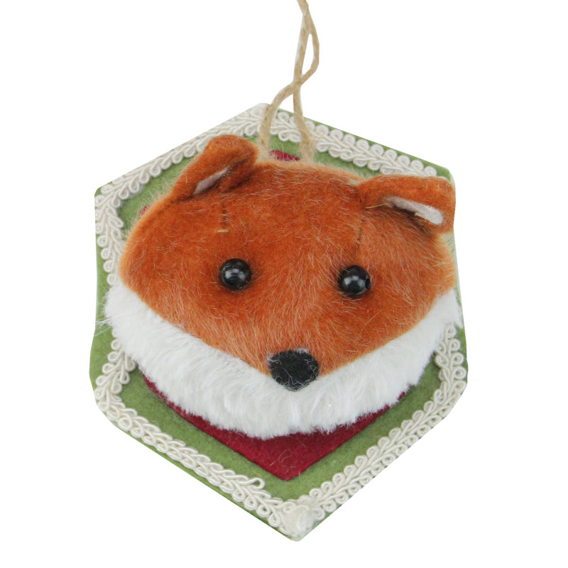Ornement de Noël en forme de tête de renard en peluche brun et crème 4,75 "
