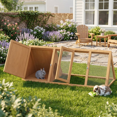 Rabbit Hutch, A-Frame Quail Coop with 2 Door, Small Chicken Coop Run with Ventilating Wire, Triangle Wooden Quail Cages Outdoor for Small Animal, Garden, Backyard, Farms