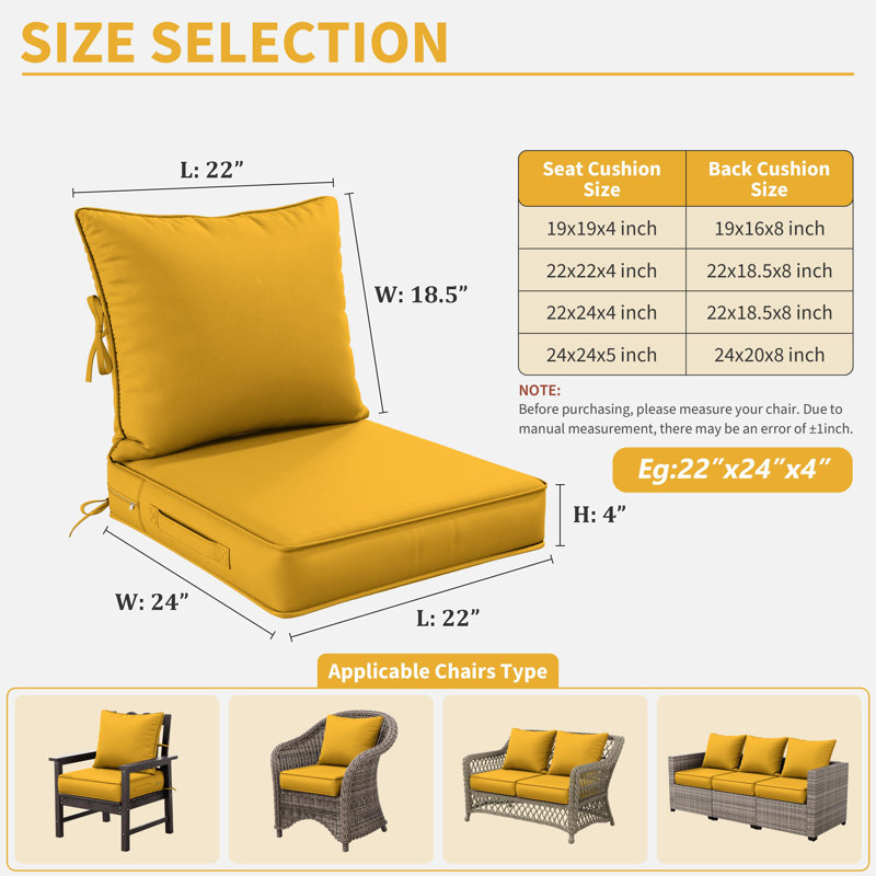 Outdoor Deep Seating Cushion Set Indoor And Outdoor Seat / Back Cushion, Available In 4 Sizes, Yellow, 22" H x 24" W