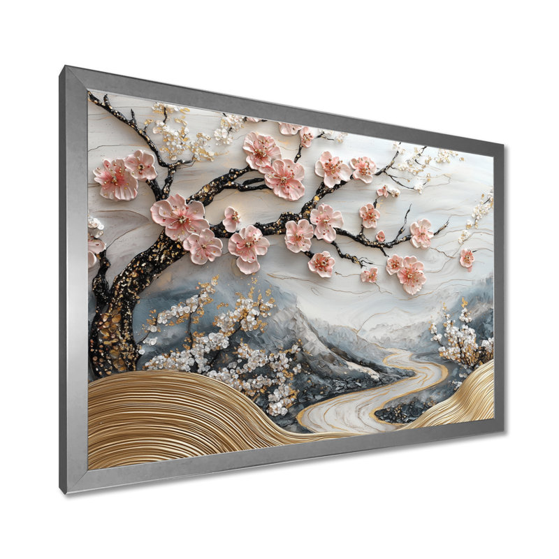 Marbre cerisiers en fleurs, poésie des pétales IV - art mural cerisier en fleurs, Argent, H 30 po x l 40 po, Cadre simple