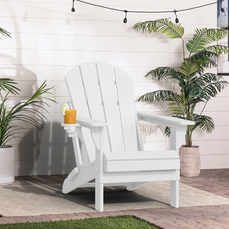 HDPE Outdoor Adirondack Foldable Chair With Cup Holder, White