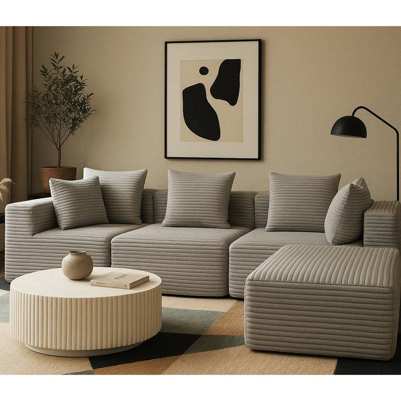 Velours côtelé gris 4 places, look moderne, coussins moelleux, sans assemblage, aménagement modulaire pour des espaces de vie confortables en velours côtelé, structure
