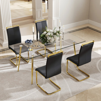 Ensemble de table de salle à manger rectangulaire moderne en verre avec chaises rembourrées en polyuréthane 4/6, pieds chromés argent / noir / or pour la salle à manger et la cuisine
