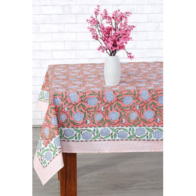 Dark Salmon Cotton Tablecloth, Handblock Print Floral Table Cloth For Kitchen Dining Linen I Thanksgiving, Christmas, Wedding, Fall Décor 8 Seater 70X108 Inch Rectangle