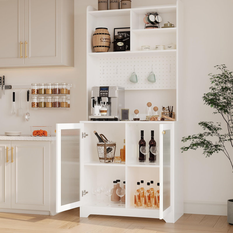Armoire garde-manger 71 po, armoire de rangement haute autoportante à 6 niveaux avec panneau perforé, 2 armoires, tablettes ouvertes, portes en verre, organisateur de rangement pour le bar à café pour la cuisine, la salle à manger et le salon