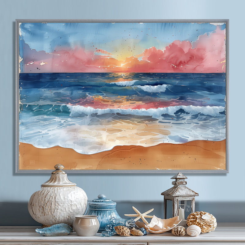 Rose, bleu, italien, bord de mer, coucher de soleil, plage, art mural, salon, Encadrement argenté, H 16 po x l 32 po x P 1 po