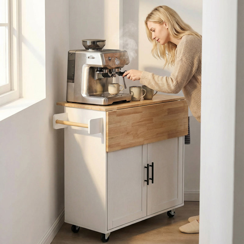 35.4" White Kitchen Island Cart with Solid Wood Top, Drop Leaf & Locking Wheels | Mobile Prep Station, Serving Cart & Home Bar