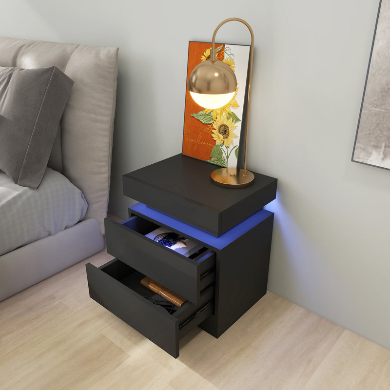 Table de chevet avec lumières DEL, 2 tiroirs et 1 boîte de rangement à dessus rabattable, table de chevet moderne, Noir