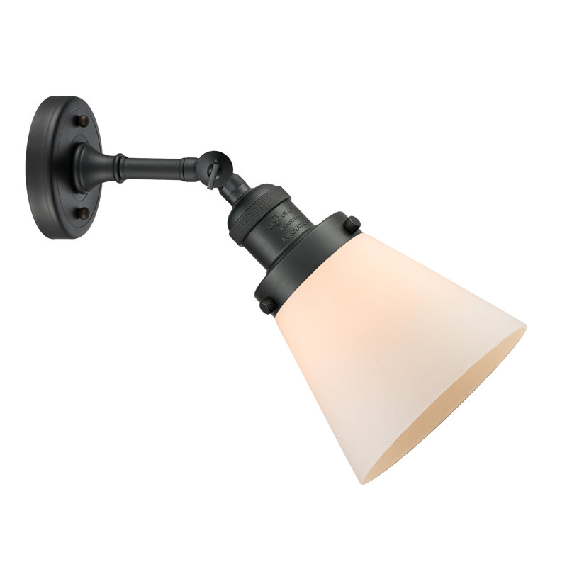 Applique murale 1 lumière Cone, Boîtier blanc mat, Ampoule à DEL rétro de 6 watts, Noir mat