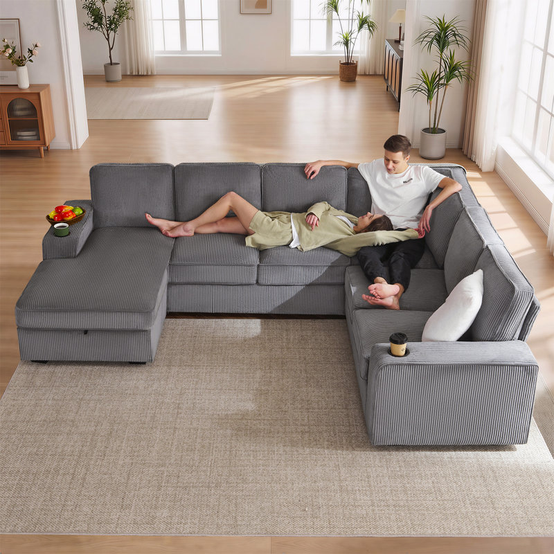 110" Modern Corduroy Sectional Sofa With Usb Charging Ports, Cup Holders & Storage Chaise, Gray, Gray Corduroy