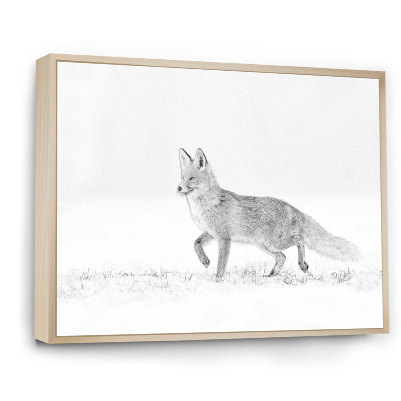 Croquis de renard noir et blanc en hiver - décoration murale traditionnelle sur toile, H 34 po x l 44 po x P 1,5 po