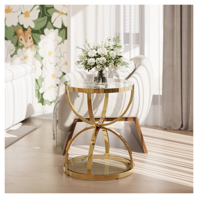 Table d'appoint moderne en verre doré avec 2 niveaux et base en fer en forme d'anneau, ronde 19,7 po