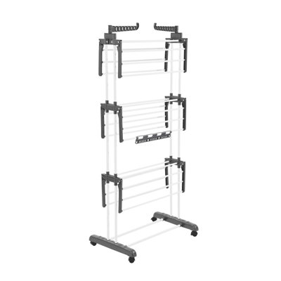 4-Tier Foldable Metal Clothes Drying Rack with 24 Rods, Free-Standing Portable Laundry Dryer with 4 Castors & 2 Side Wings for Indoor & Outdoor Use