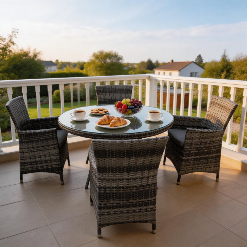 Strunk 4 - Person Patio Dining Set with Round Table , Cushions Included, Grey, Grey