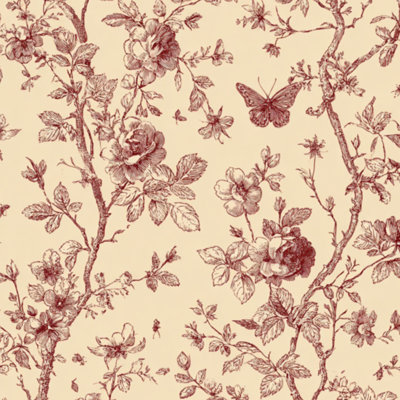 Peel and Stick Wallpaper Vintage Botanical red floral butterfly flowers leaves  natural Contact Paper Removable Self Adhesive Wall Mural Wall Decor for Bedroom Kitchen Cabinets 17.7in x 118in