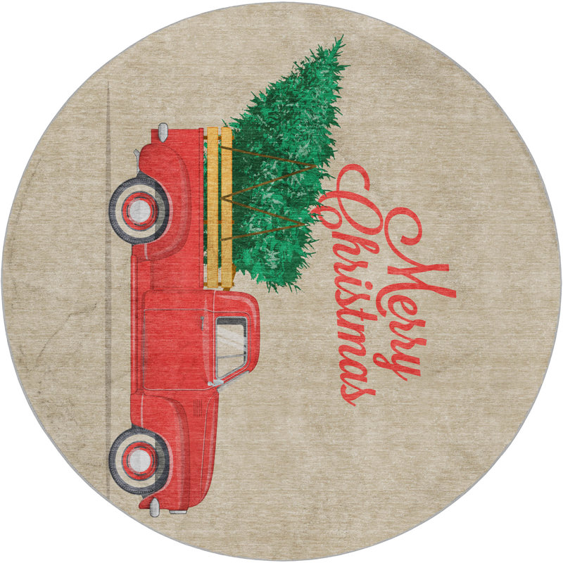 Premium Machine Washable Dream Shag ADS215 Christmas Truck and Tree Rug, 8' Round