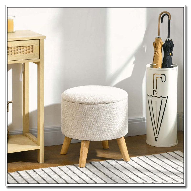 Storage Ottoman Round Stool Chair with Cushioned Top, Cream White