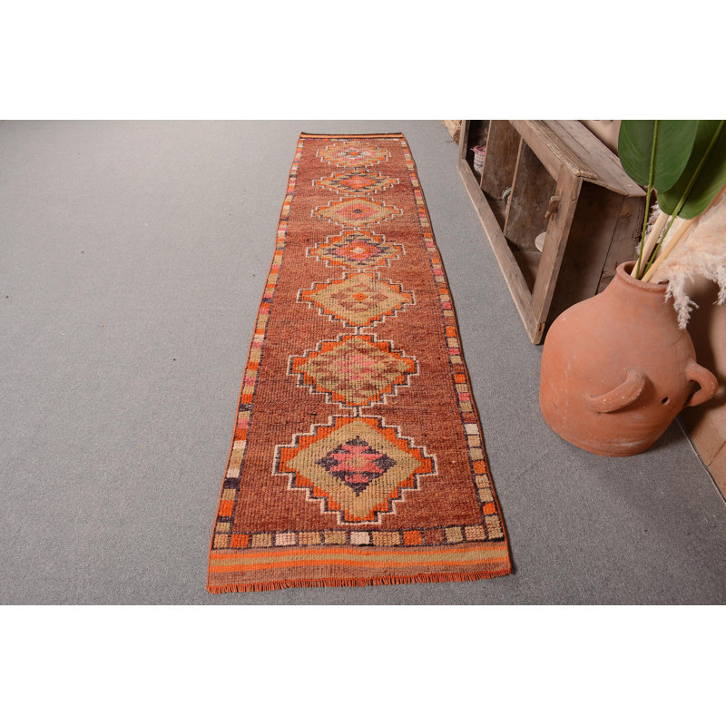 Tapis de couloir brun, tapis turcs, tapis tissés à la main, tapis rétro, tapis géométriques