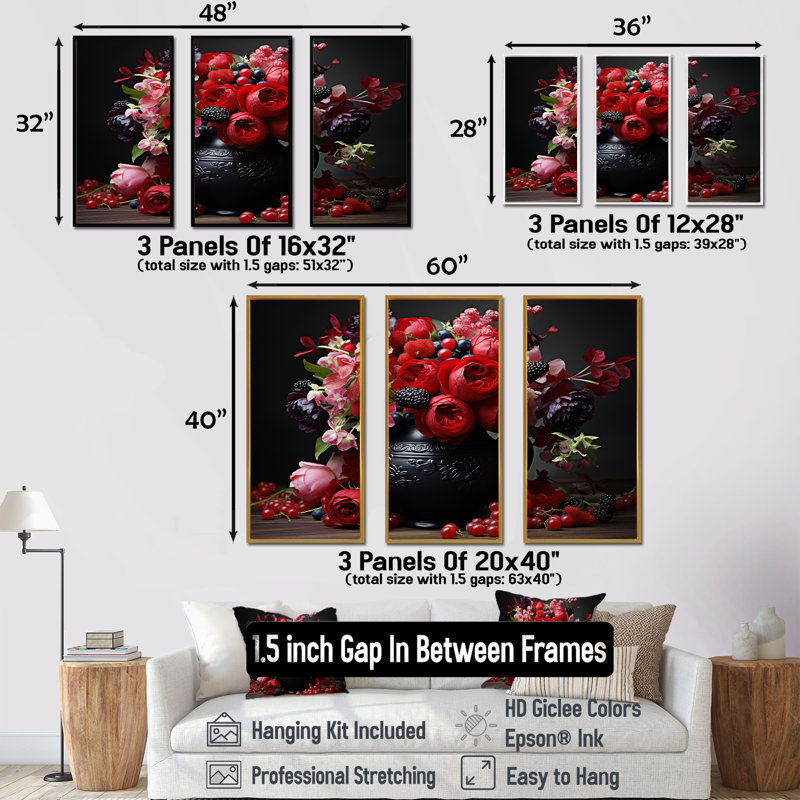 Décoration florale rouge en pot de style gothique - Boho Pottery, Cadre flottant noir, H 40 po x l 60 po