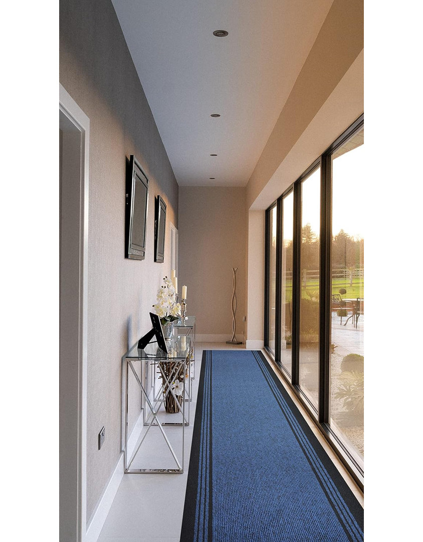 Piers Custom Size Non-Slip Washable Striped Dark Blue & Black Design Rug for Outdoor Places by Feet Wrought Studio™ Rug 