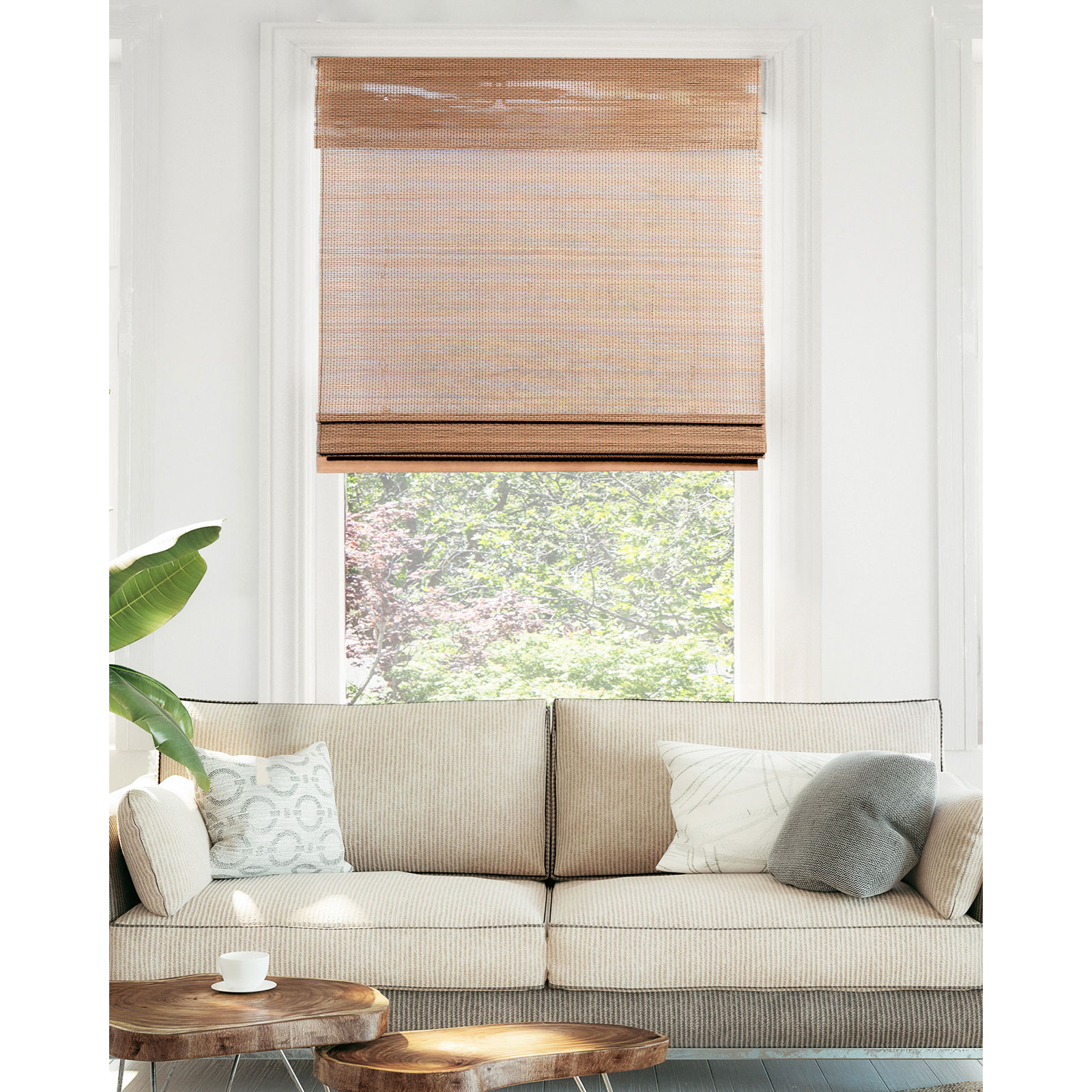 Cordless Light Filtering Woven Wood Bamboo Roman Shade with Valance, 29"W x 64"L, Acorn