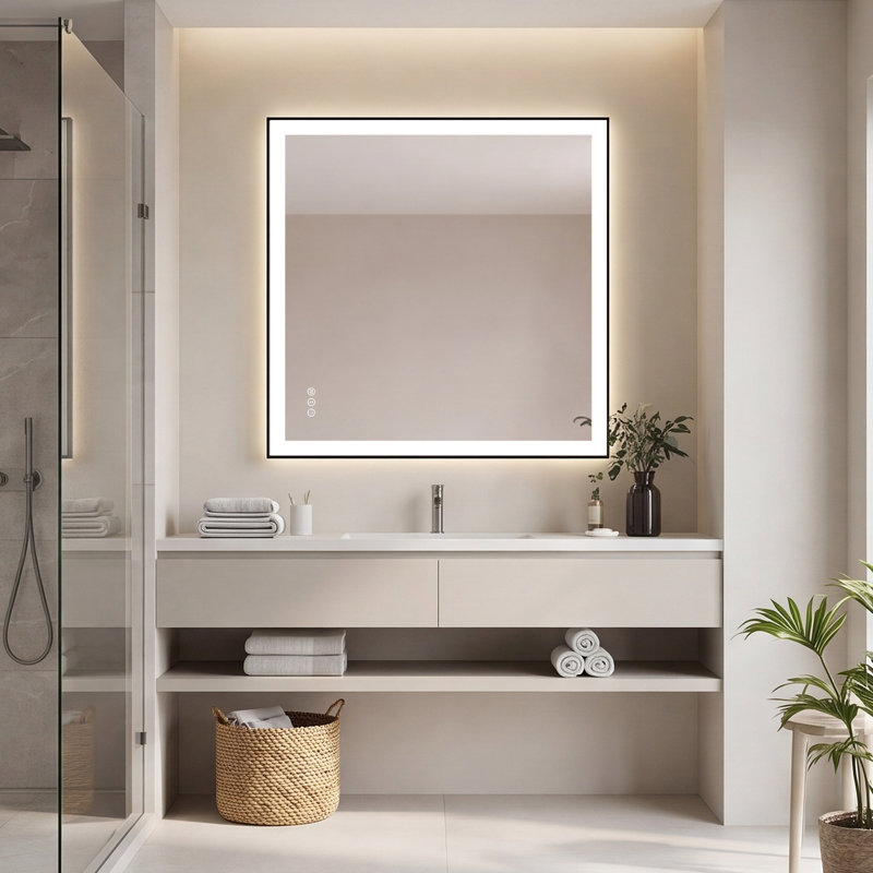 Miroir de salle de bain pour salle de bain, à DEL, antibuée, rétroéclairé, fixé au mur, cadre noir, 36 po x 36 po