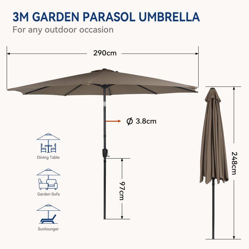 3m Large Paraso With UV, Garden Sun Shade Canopy Patio With Crank Tilt, Outdoor Umbrella  , Khaki
