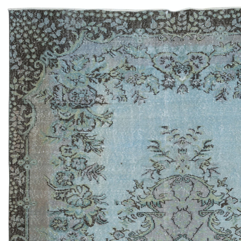 Tapis turc contemporain fait à la main 5,8 x 9 pi dans des tons de bleu bébé, rose doux et noir