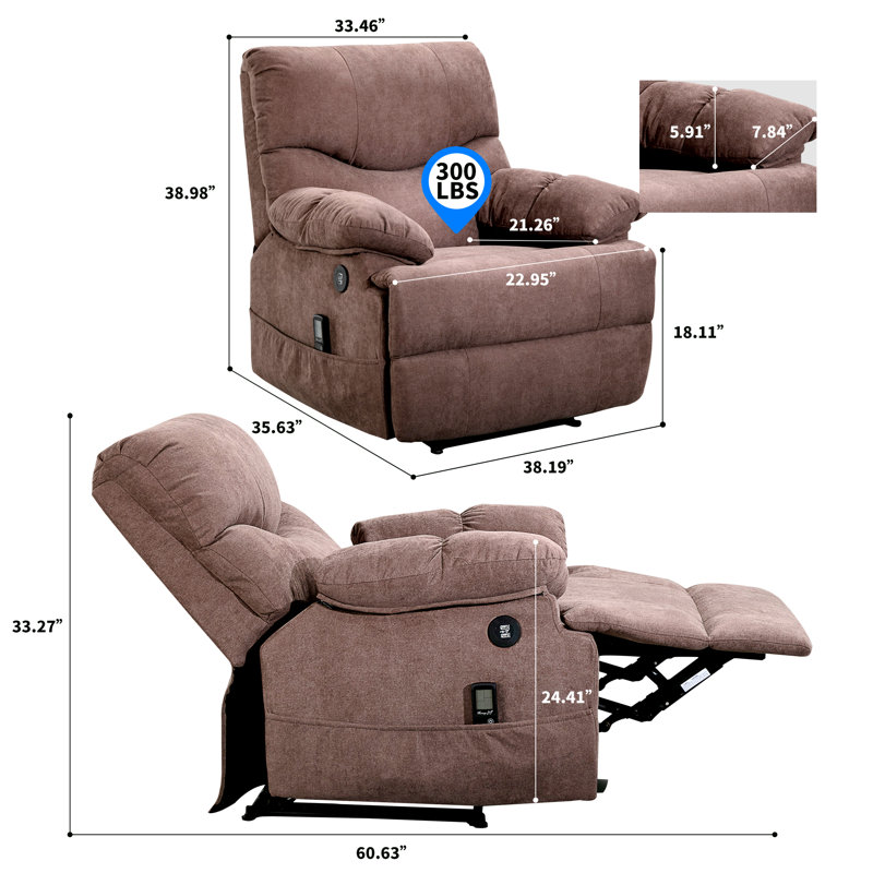 Fauteuil inclinable de cinéma maison de 38,19 po de large à dégagement zéro avec masseur, Microfibres brunes