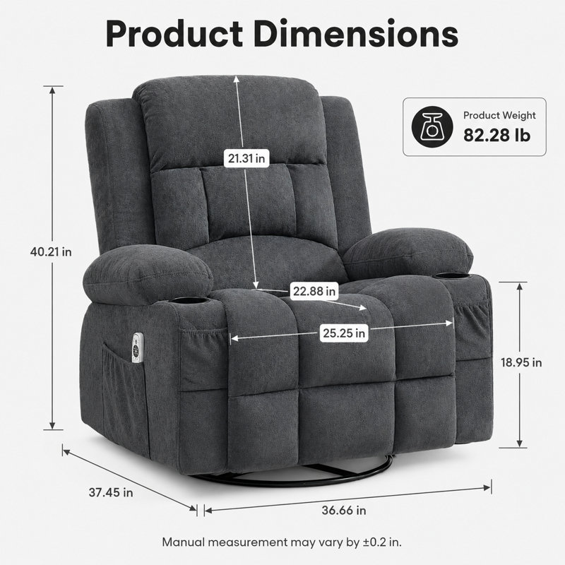 Fauteuil inclinable pivotant à bascule avec massage par vibration et chauffage lombaire, tissu gris, Fabric, Grey