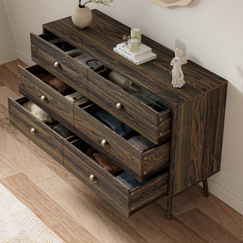 Modern 6 Drawer Dresser for Bedroom，Bedroom Dresser Chest, Walnut