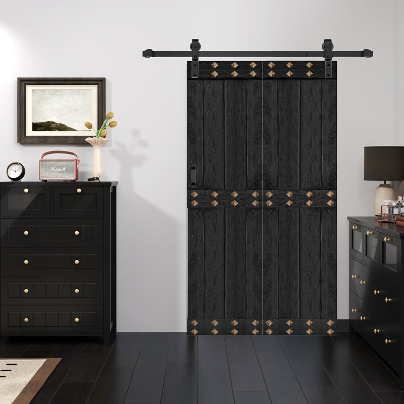 Porte de grange à deux panneaux en bois massif de style Mid-Bar avec trousse de quincaillerie - assemblage requis, Ébène