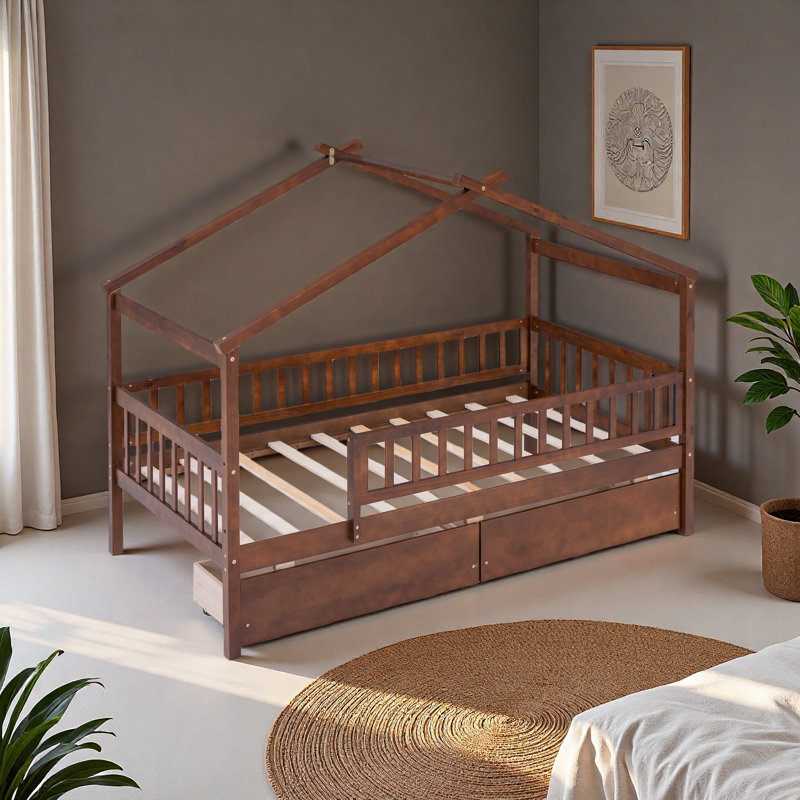 Lit simple en bois avec deux tiroirs, Noyer