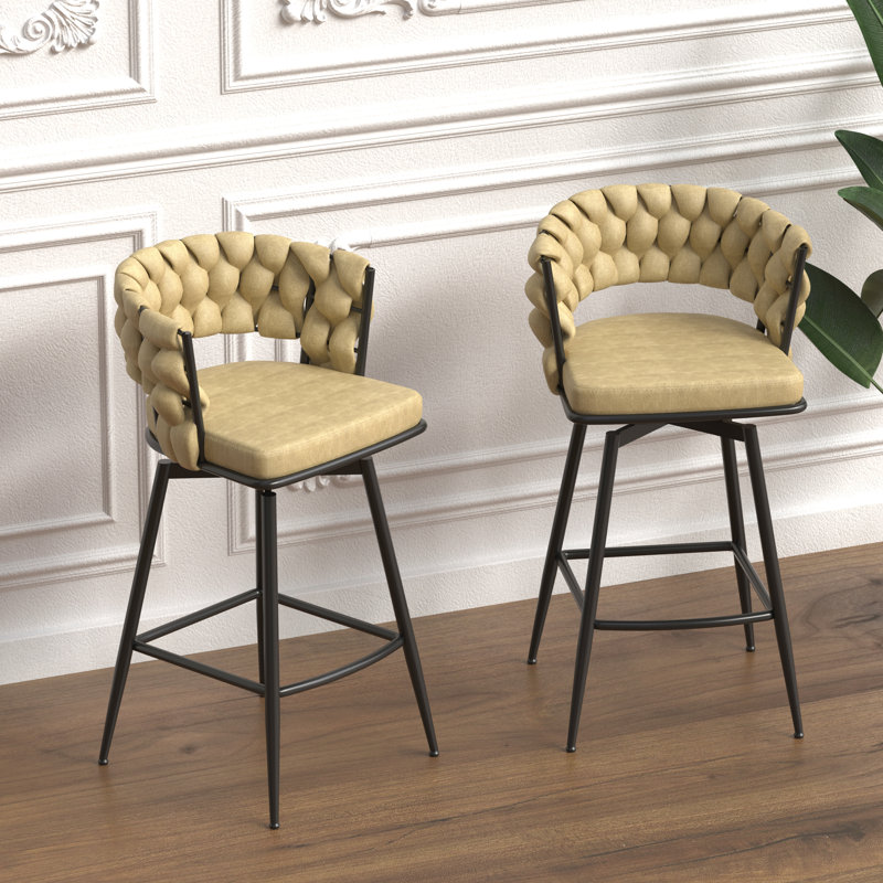 Ensemble de 4 tabourets de bar 28 po en cuir tressé en cuir technique avec pieds noirs, pas d'îlot de cuisine réglable, 360 tabourets de bar pivotants avec repose-pieds à dossier et tabouret de bar (brun clair)