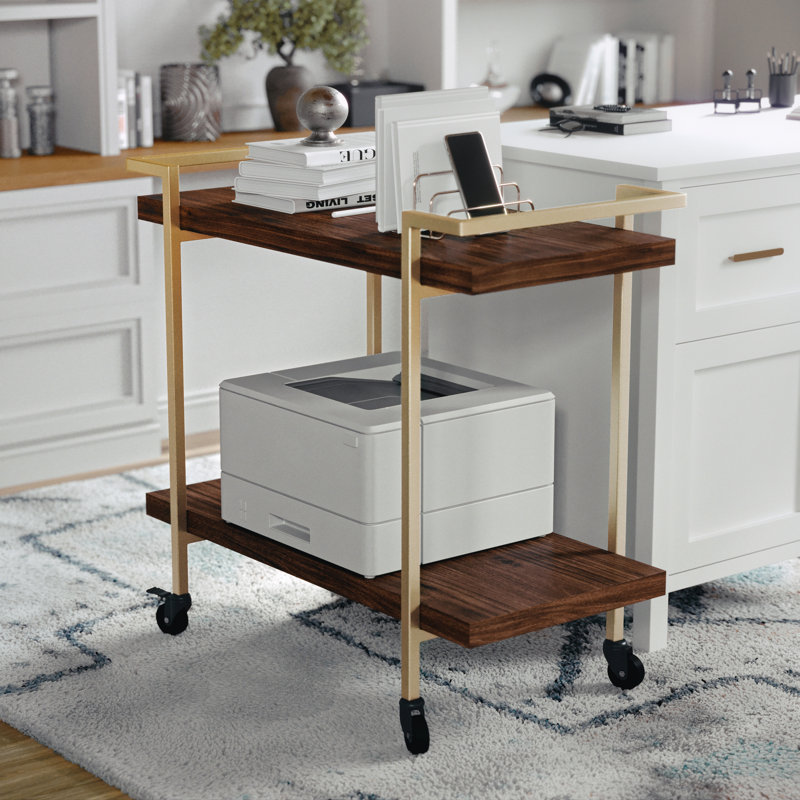 Walnut and Brass 2-Tier Mobile Office Printer Cart with Side Storage