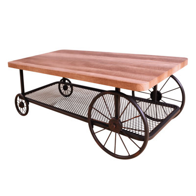 Warm Coffee Table - Oak & Antique Gray Finish, Metal Wheels Rectangular Finish