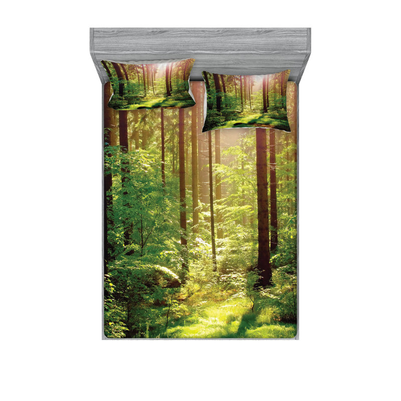 Drap-housse et coussin décoratif Ambesonne Forest, vert / brun, Ensemble de draps pour grand lit + 4 taies d'oreil