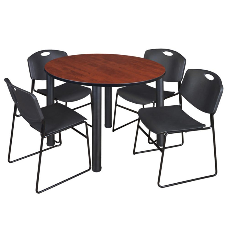 Plateau de table Niaya, 4 chaises empilables, Cerisier, Noir