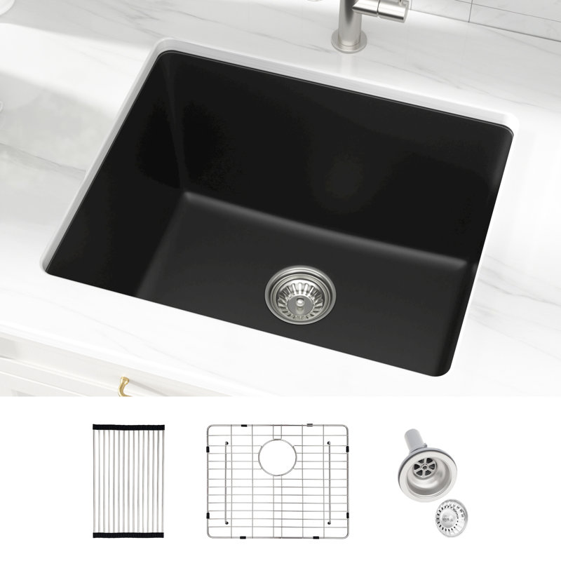 Évier utilitaire encastré de 53 cm (21 po) pour buanderie, cuve unique, en quartz noir mat, pour le toilettage des animaux.