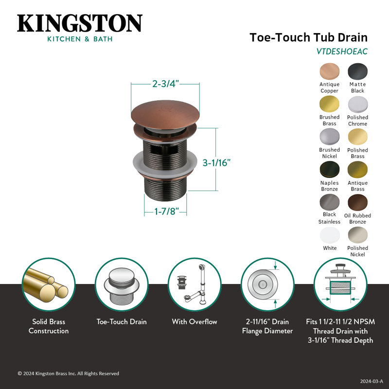 Kingston Brass Trimscape Brass Toe Touch Tub Drain Shoe, Antique Brass