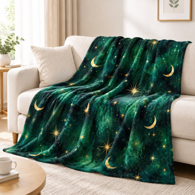 Plaid en flanelle à imprimé galaxie - Motif céleste lune et étoiles, vert foncé, ultra doux, léger, respirant, toutes saisons, agréable pour la peau, lavable à la machine, décoratif, pour canapé, fauteuil, salon et chambre