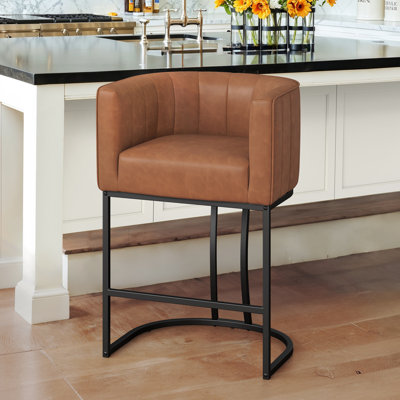 26.4" H Counter Height Bar Stools, Modern Barrel Counter Stools With Backrest And Arms,   Metal Legs, Upholstered Accent Barstools For Kitchen Island