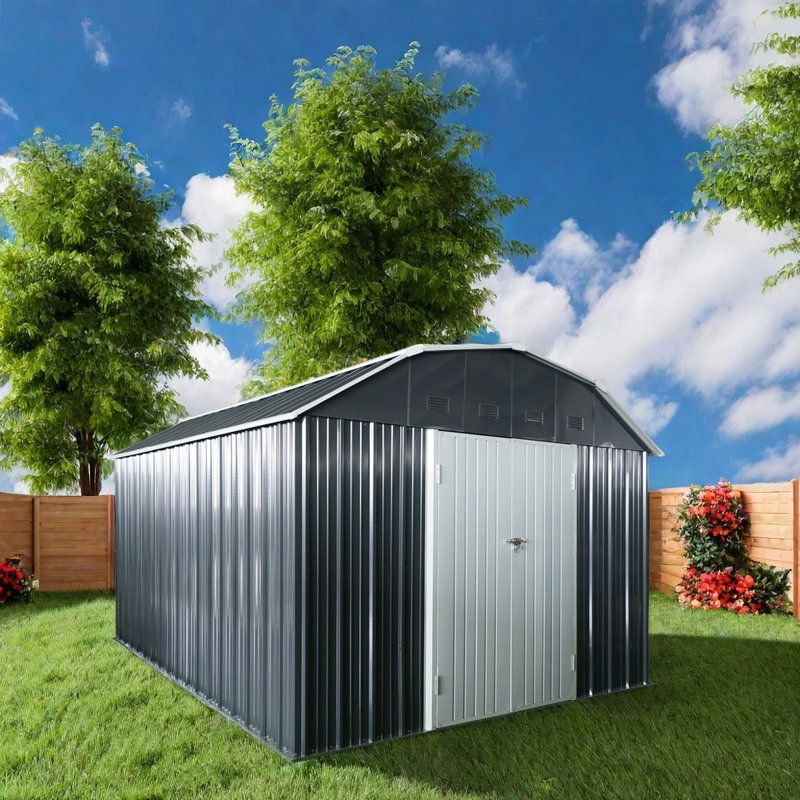 Remise de rangement en métal de conception en acier durable avec portes doubles verrouillables, fentes de ventilation et rangement extérieur facile à installer pour les outils de jardin