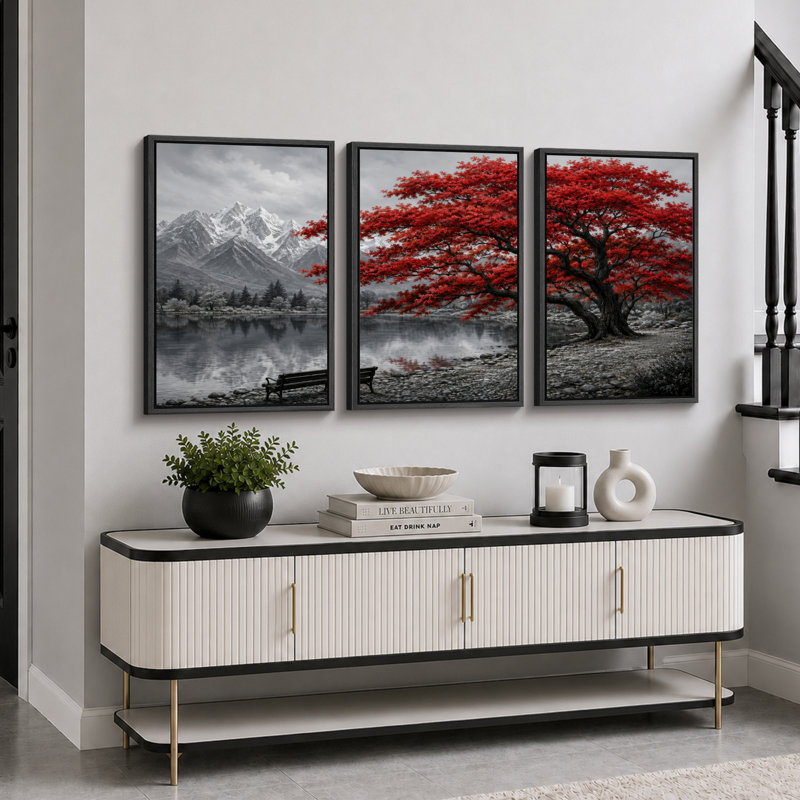 «Red Tree Mountain Lake», art du paysage, impression sur estampe numérique sur toile encadrée, 3 pièces, Cadre noir