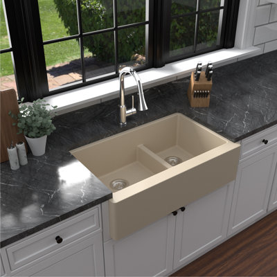 Karran Farmhouse Apron Front Quartz Composite 34'' X 21-1/4'' 60/40 Double Bowl Kitchen Sink