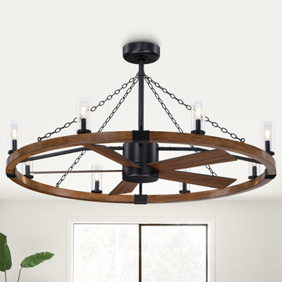 52" Rustic Farmhouse Wagon Wheel Chandelier Fan 8-Light Dimmable Ceiling Fan With Remote Control, Quiet 6 Speeds Reversible DC Motor, Timer