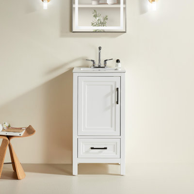 Ensemble de meuble-lavabo simple autoportant en bois massif 18 po avec lavabo intégré en céramique et 2 poignées